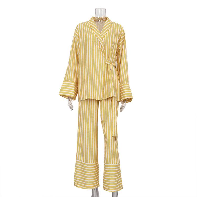 

women s Striped Flare Long Sleeve Tie Front Loose Top High Waist Wide Leg Pants 2 Piece Casual Outfit Set S жёлтый