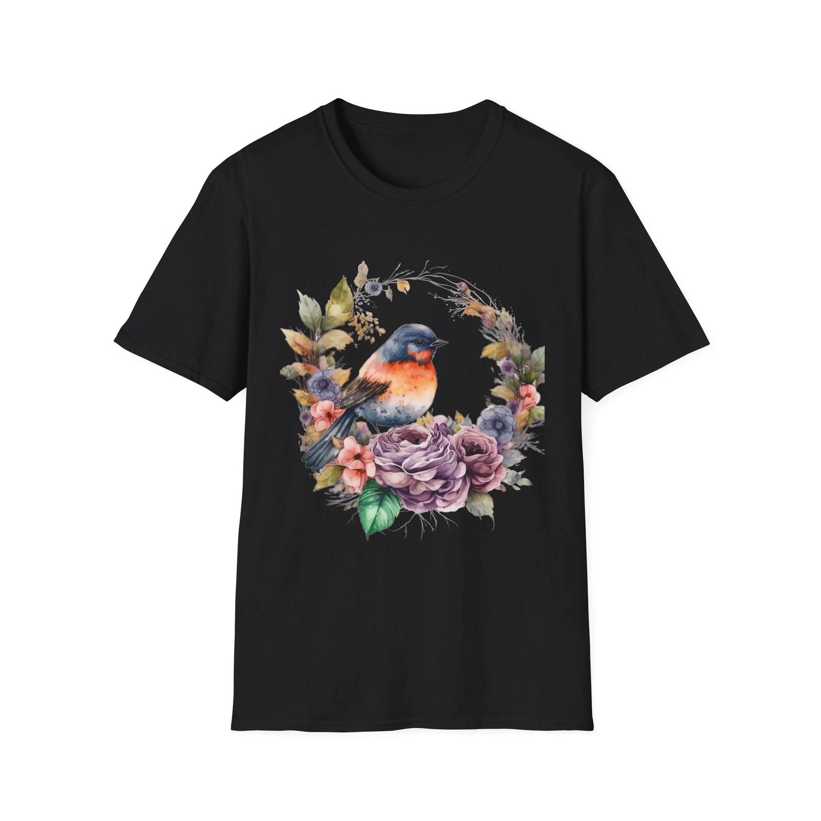 Vintage Floral Bird Tee, Handmade Nature Shirt, Garden Gift, Bird Lovers S