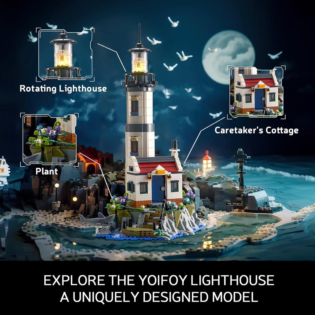 1677PCS Electric Lighthouse Building Blocks Fisherman Rescue Boats Lighthouse Model Bricks With Light Kids Toys Holiday Gifts