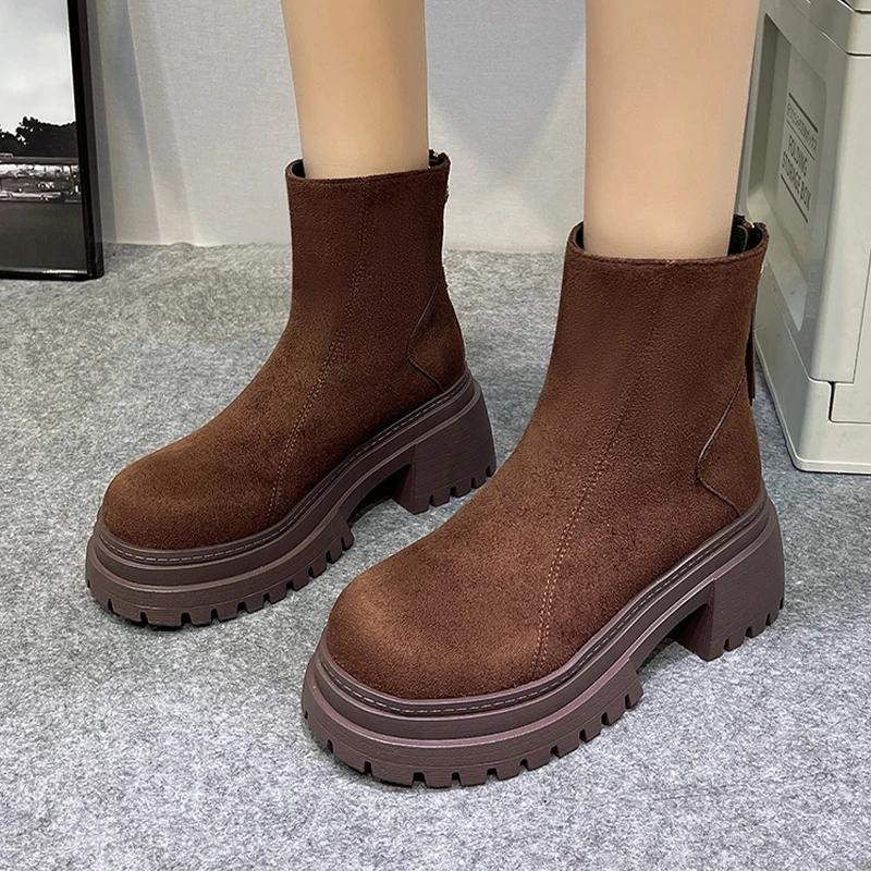 High Heels Damenstiefel Wildleder Mode Klobige Wildlederschuhe Designer Winter Knöchel Schneestiefel Neue Pumps Kleid Frau Stiefeletten