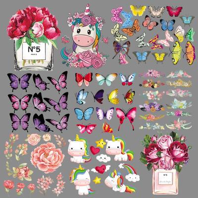Iron-on Transfers Patches Beautiful Flowers Parches Butterfly Set Heat Transfers Stickers Print On Girl T-shirt Shoes Hat Socks