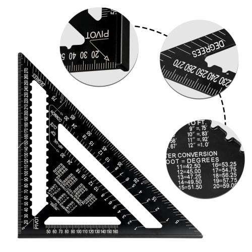 Beslands Triangle Ruler, Woodworking Circular Saw Ruler, 30*30cm, Double-Sided Graduations, 12-Inch, Aluminum Alloy, Black, Protractor, 45 Degree Mark