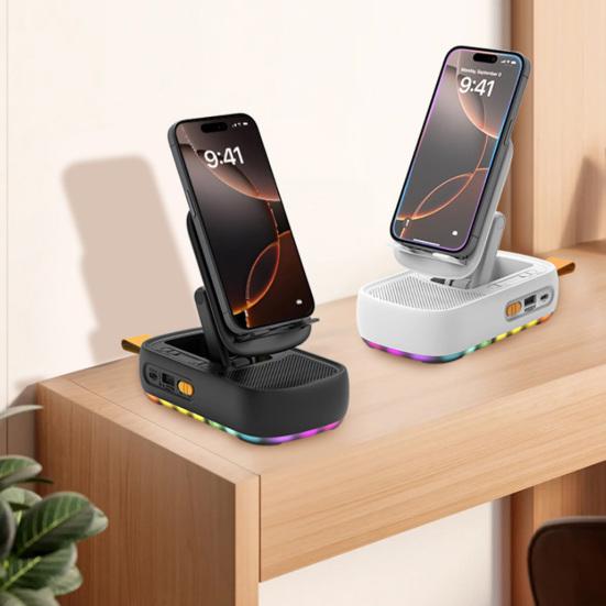 Bluetooth Uyumlu Hoparlörlü Cep Telefonu Standı LED Işıklı Katlanabilir Döndürülebilir Masa Standı TF Kartlı Kablosuz Hoparlör Samsung Tabletler İçin