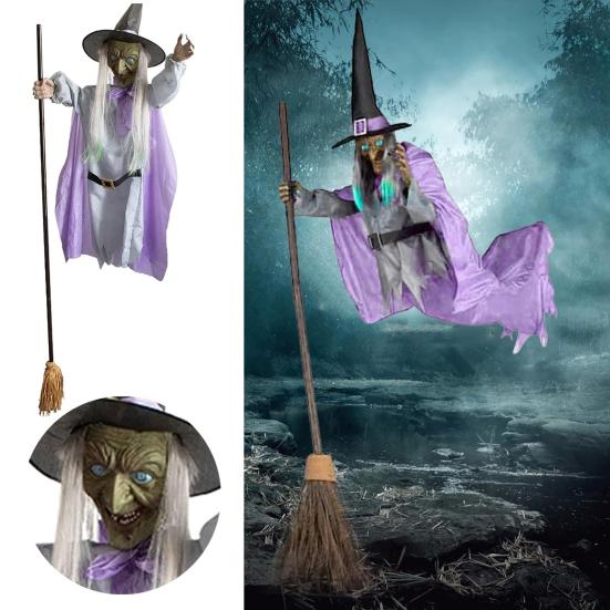 6 FT Halloweenská létající čarodějnice dekorace Hlasem aktivovaná animatronická čarodějnice na koštěti se svítícíma očima pro zahradu dvůr trávník venkovní vnitřní dekorace