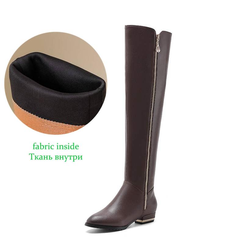 Krazing Pot Cow Skin Autumn Winter Shoes Low Heels Brand Shoes Big Size 45 Size 44 Size 46 Women Zipper Keep Warm Knee Boots