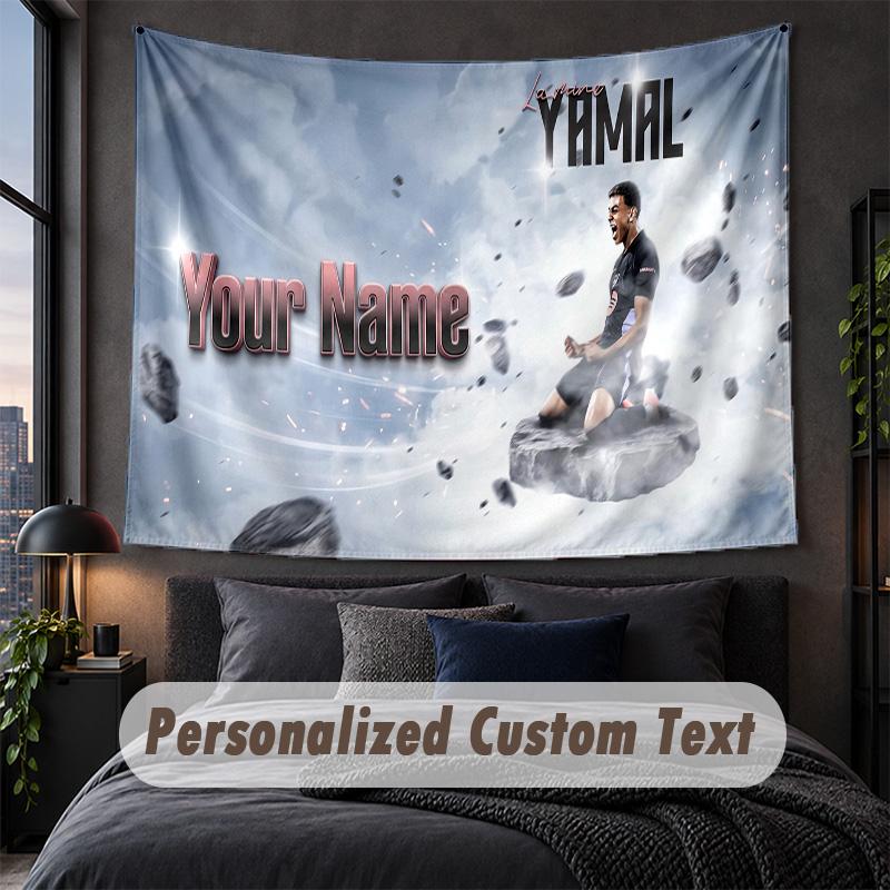 Arazzo Personalizzato con Testo e Nome, Appeso Decorativo da Parete Lamine Yamal, Arazzo di Sfondo per Casa Camera da Letto
