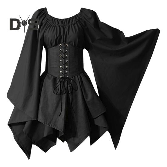 

Женское платье с длинными рукавами, средневековый винтажный костюм эльфа-феи, ретро-платье с рукавами-колокольчиками и поясом в стиле пэчворк для косплея на Хэллоуин XXXL чёрный