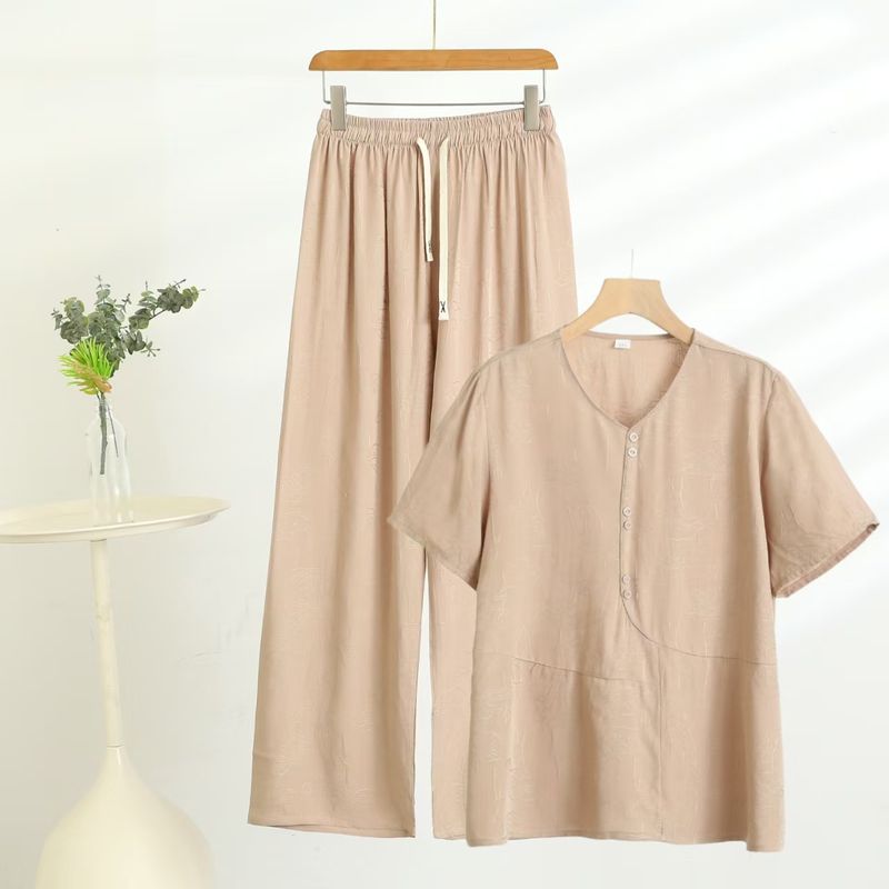 

Mom s Short Sleeve Casual Suit Women s Summer Thin T-shirt Loose Pants Outwear Drape plus Size Half Sleeve Two-piece Set Khaki 3XL((Recommendation 45.00 kg-62.50 kg)