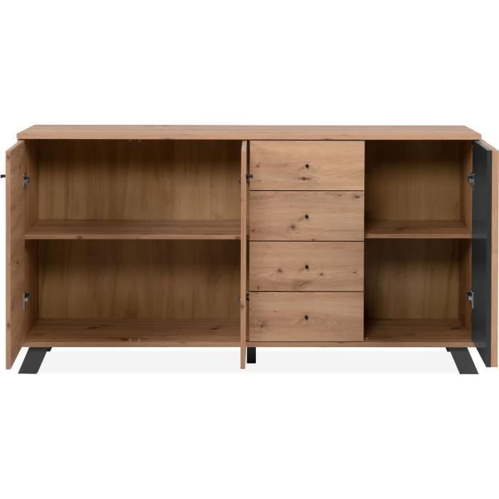 Buffet salle à manger MEDAN - Décor chêne artisan et anthracite - 3 portes + 4 tiroirs - L160 x H85 x P40 cm