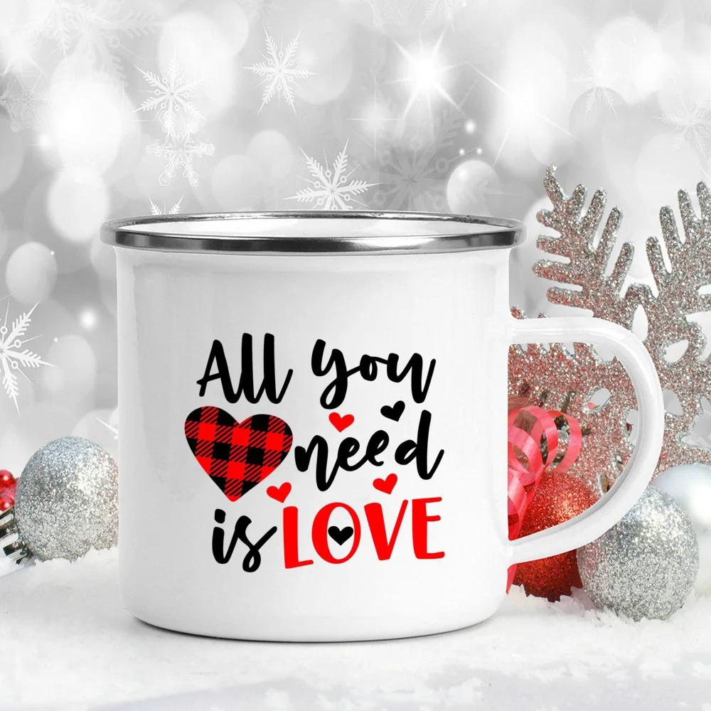 Love Heart Printed Camping Mug Valentine Party Juice Milk Cup Coffee Cups Enamel Mugs Valentine's Day Gifts for Family Friends