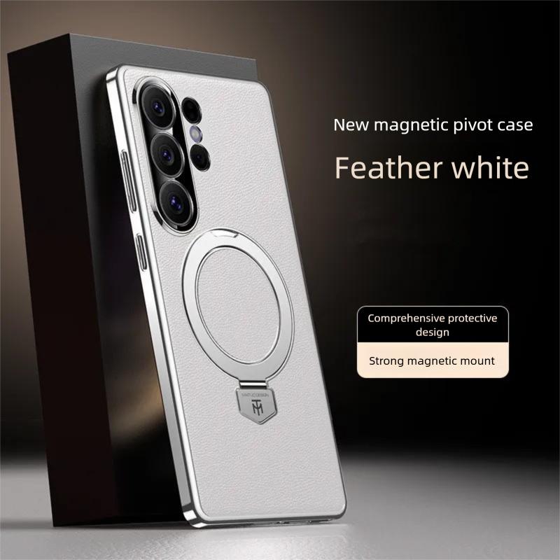 Premium Aviation Aluminum Alloy Bracket Case For Samsung Galaxy S26 Ultra/S25 Ultra/S24 Ultra Magnetic Vegan Leather Stand Cover