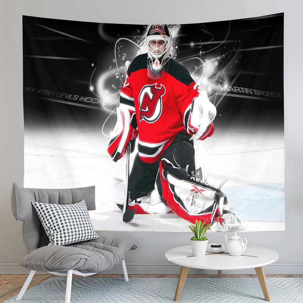 Ice Hockey Player and Puck Tapestry Modern Sport Illustration Tapestry Aesthetic Home Decor Tapestry for Living Room Bedroom