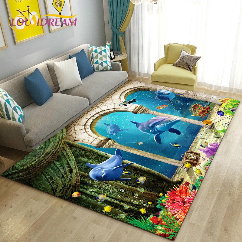 3D-Illusion Unterwasserwelt Meeresboden Delfin Hai Teppich, Teppich für Wohnzimmer Schlafzimmer Sofa Fußmatte Rutschfeste Bodenmatte