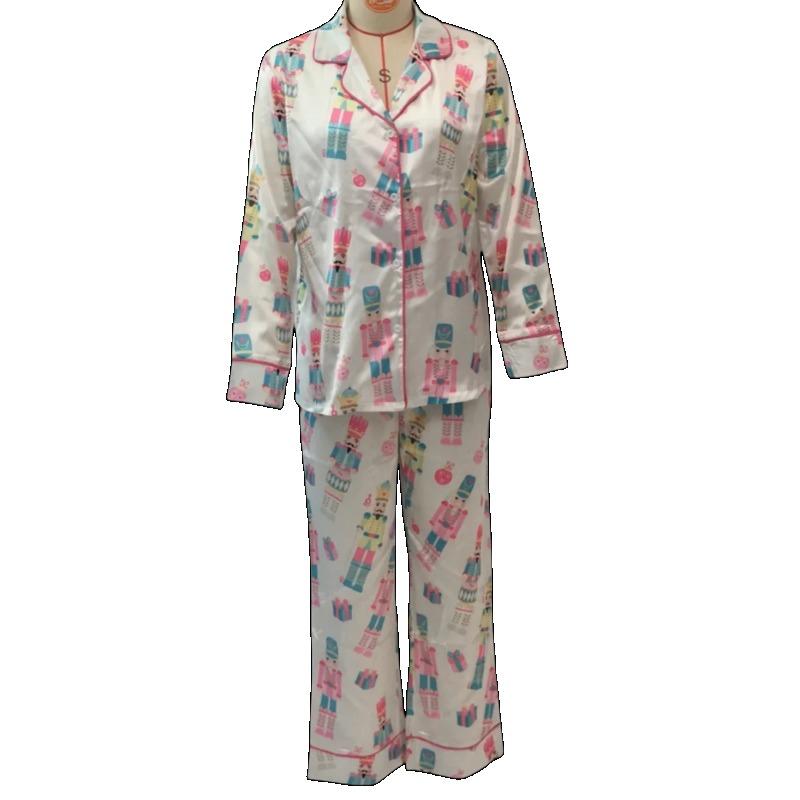 Womens Silk Satin Pajama Set Y2k Christmas Nutcracker Long Sleeve Shirt Tops and Wide Leg Pants Sleepwear