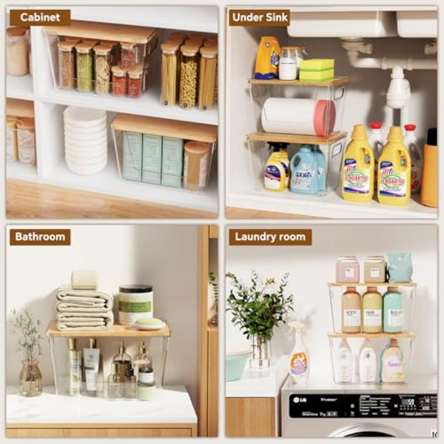 2 Set Pantry Organizers with Bamboo Lids Stackable Clear Bins for Potato Fruit Vegetable Storage Kitchen and Under Sink Organiz