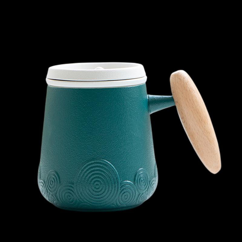 Ceramic Tea Infuser Mug with Filter and Wooden Handle