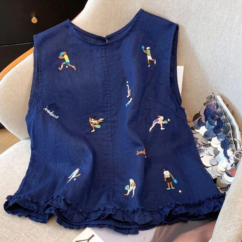 Brand Summer 2026 Women s Retro Ruffled Embroidered Linen Vest - Lightweight & Breathable M (80-100 jin)