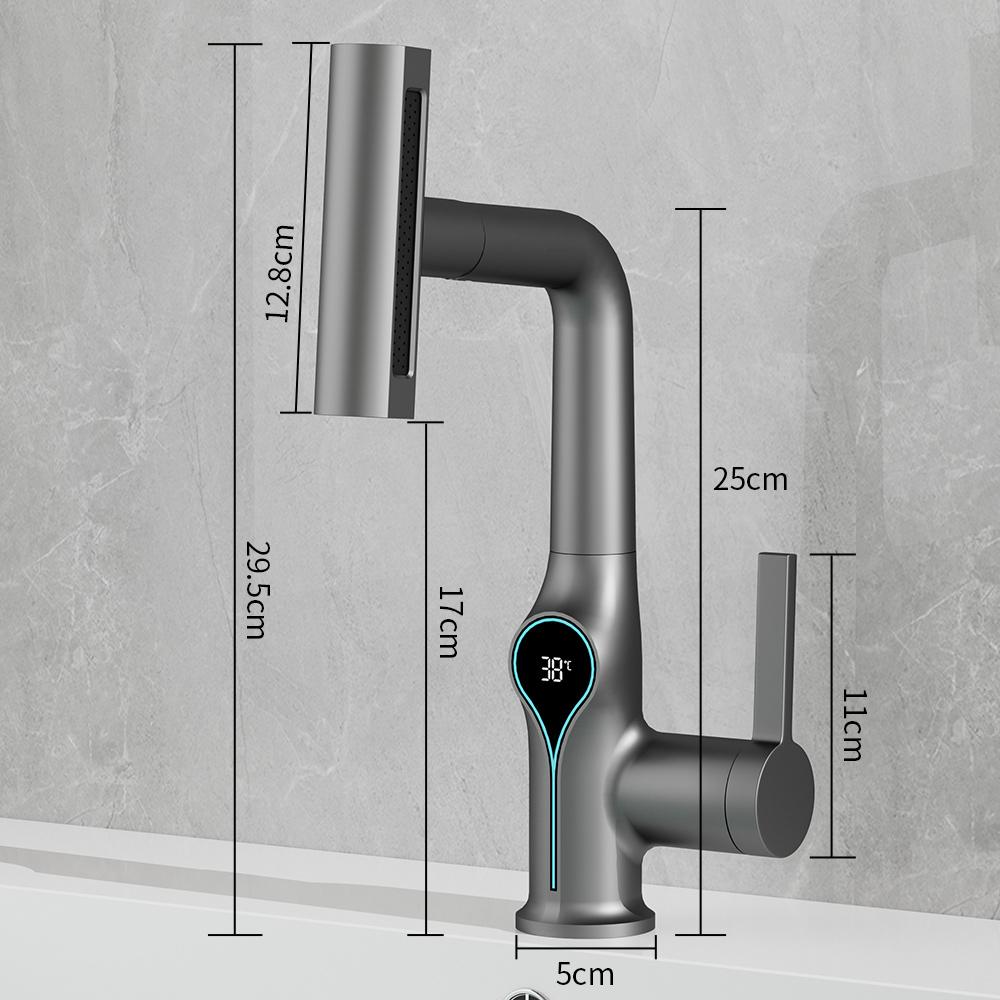 Waterfall Pull Out Kitchen Faucet Black Intelligent Digital Display Cold Hot Mixer Taps Rotatable Sink Lifting Basin Faucet