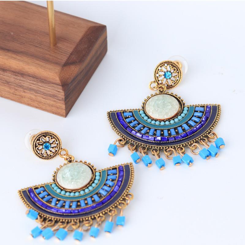 Trendy Geometric Fan Tassel Beaded Earrings For Women In Blue With Alloy Material