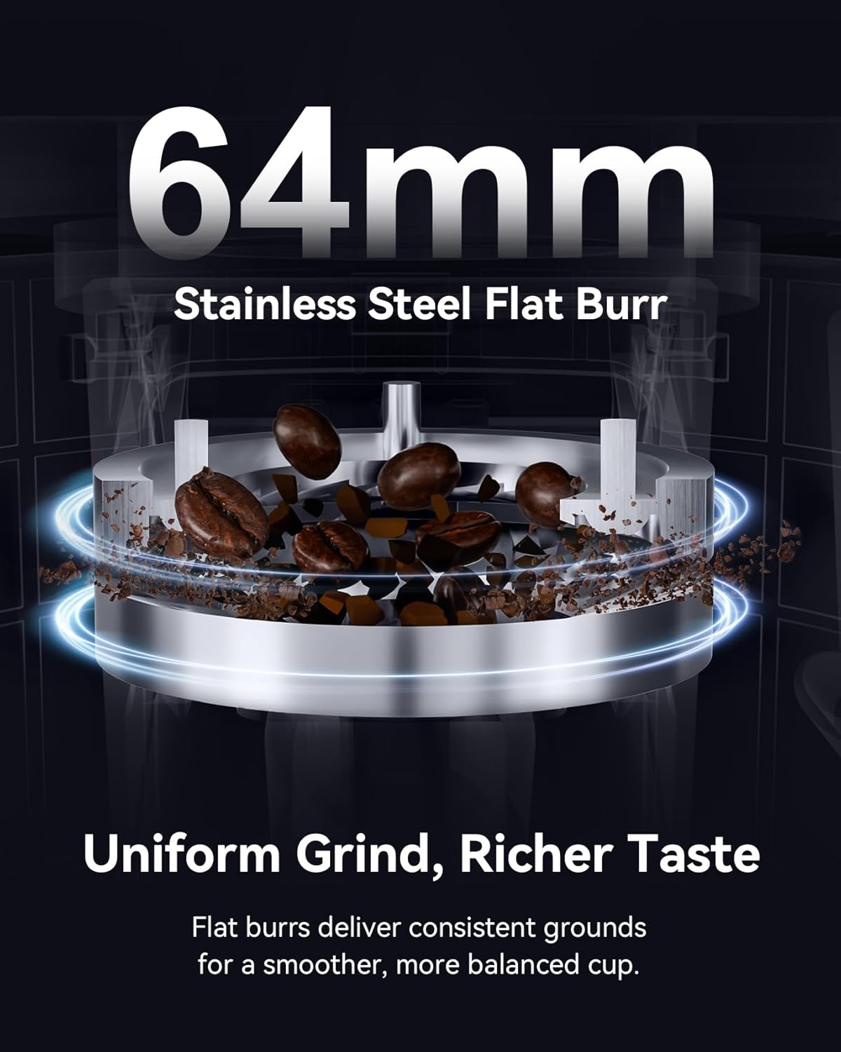 

64mm Flat Burr Coffee Grinder, 100 Grind Settings, Stainless Steel, Adjustable Timer, LED Display United States