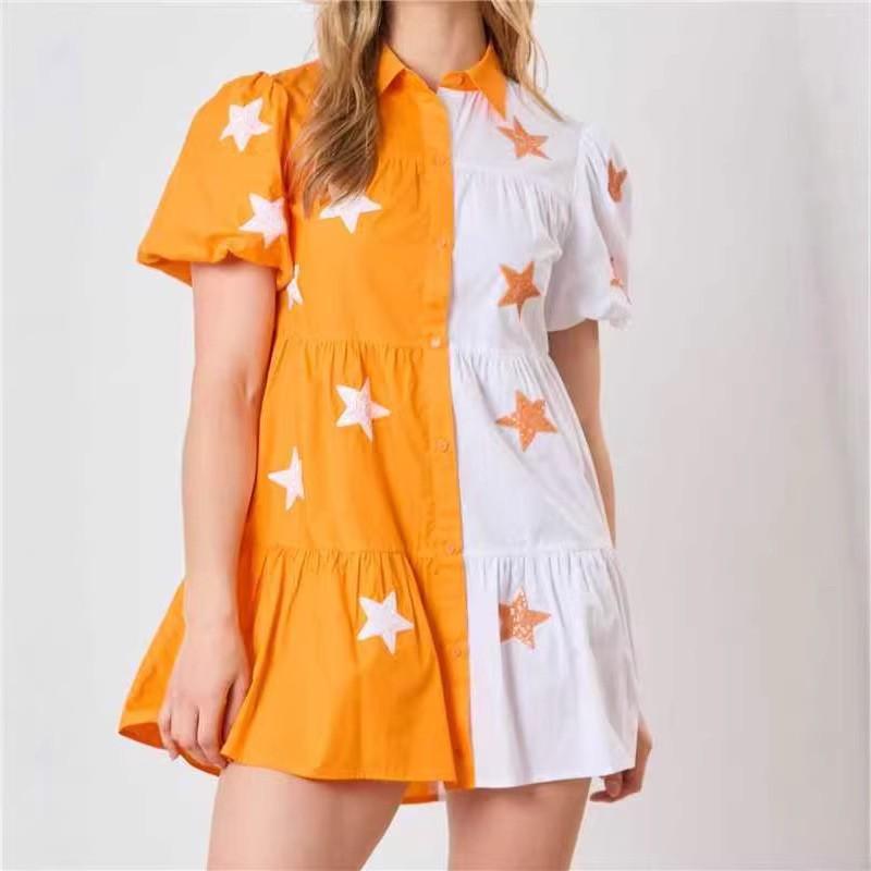 

European American Women s Clothing Color Contrasting Star Sequins Bubble Sleeves Matching Sweet Dress M