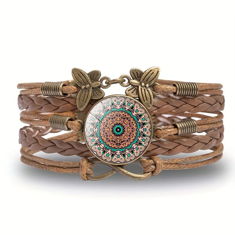 Classic Mandala Butterfly Infinity Charm Bracelet Vintage Multilayer Brown Woven Leather Bracelets For Women Men