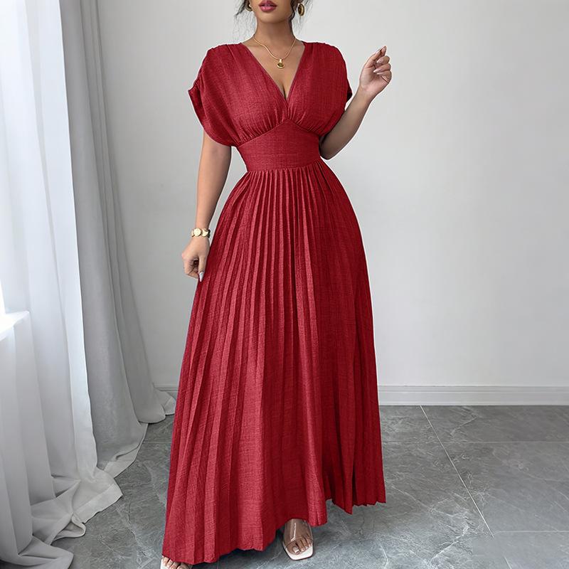 

Elegant short-sleeved women s dress pleated solid color long dress, good for daily commuting, women s spring new models S червоний