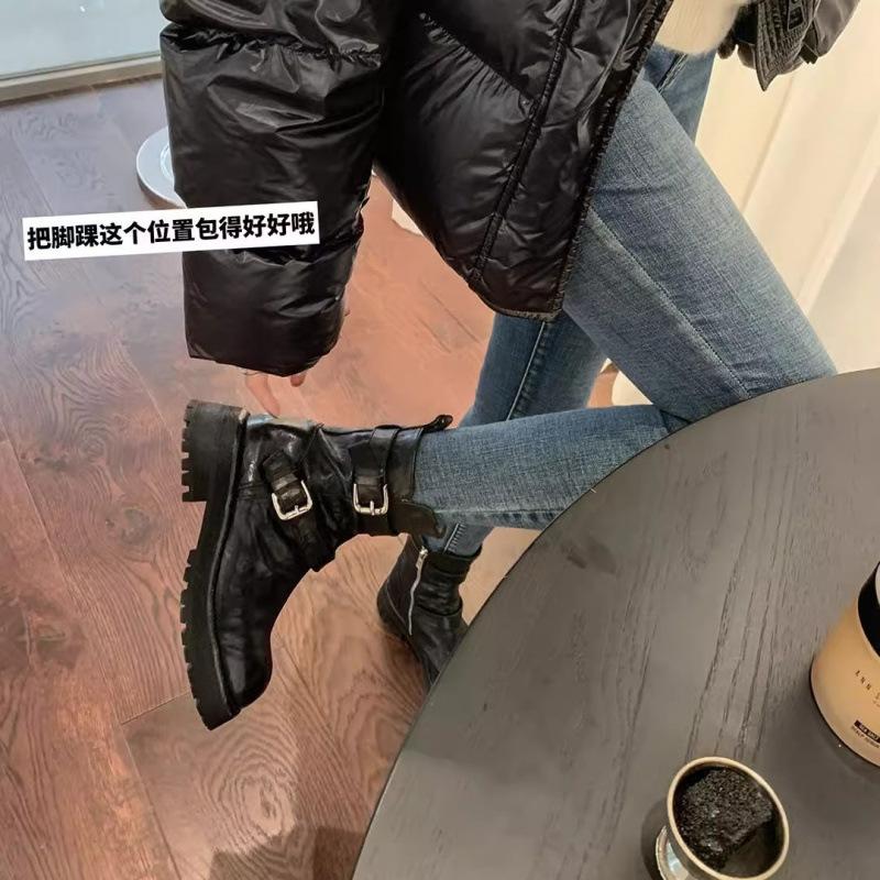 Schuhe Gewaschenes Schrumpfleder Schnalle Seitlicher Reißverschluss Grober Absatz Martin Stiefel Damen Herbst