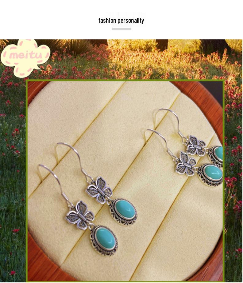 S925 Sterling Silver Natural Turquoise Retro Butterfly Earrings