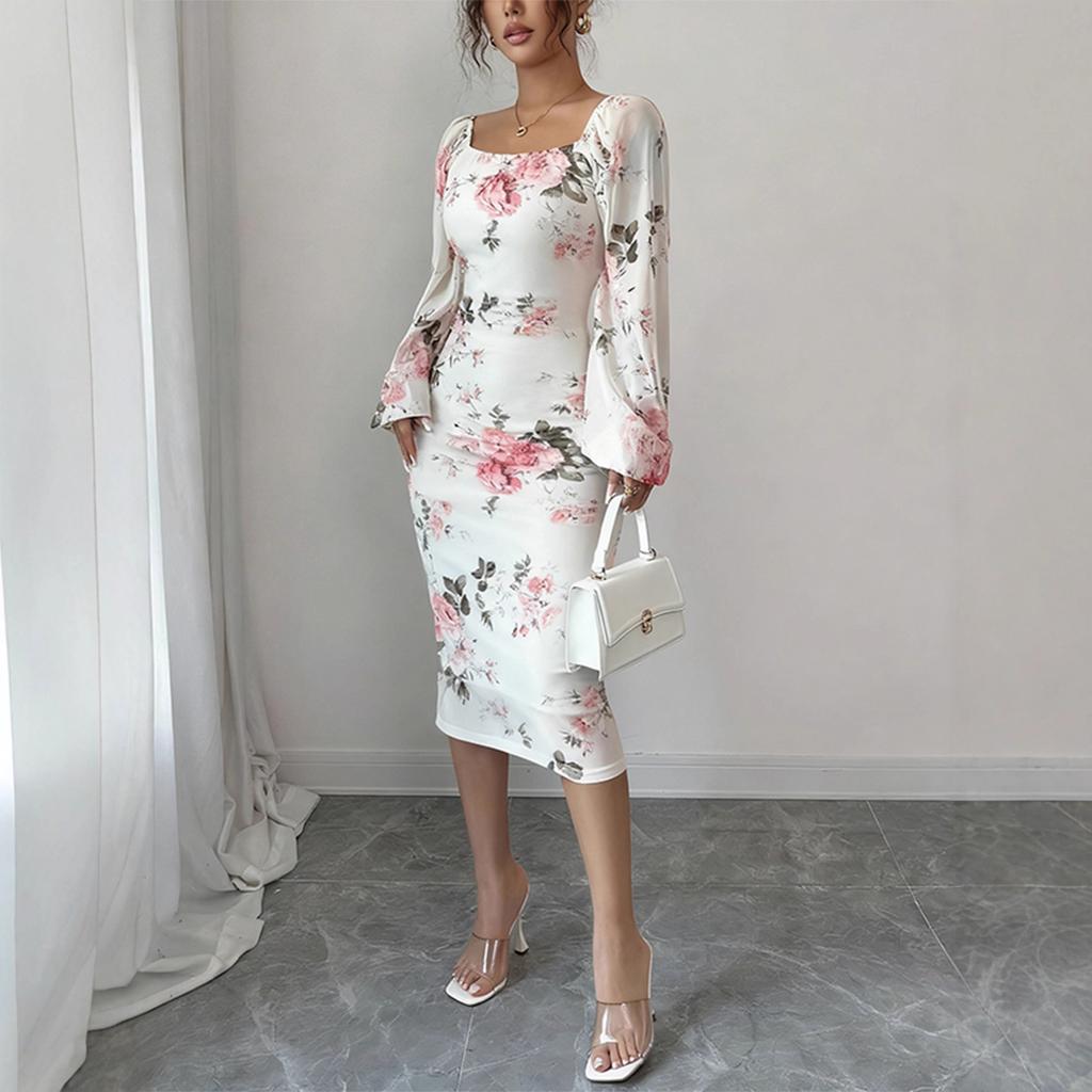 Sexy Temperament Flower Dress 2025 Autumn New Model Socialite Mesh Square Neck Pleated Women's Waist Pencil Skirt