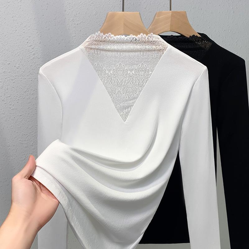 Black Half Turtleneck Lace Base Shirt New Autumn Inner Long-sleeved T-shirt Women's V-neck Top