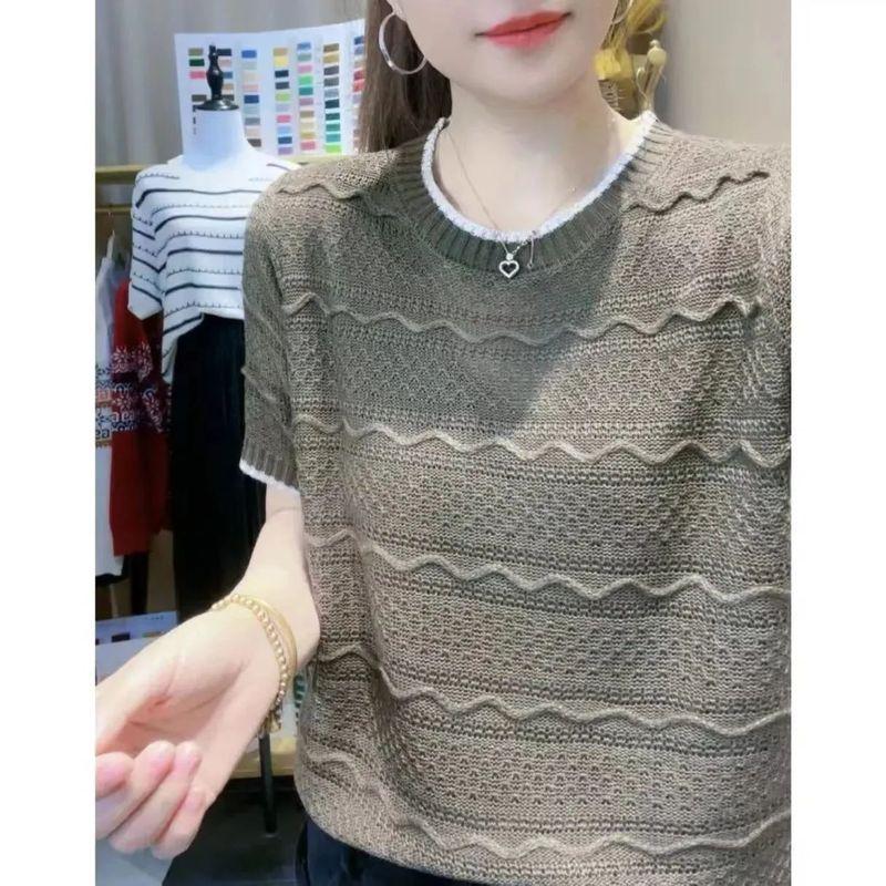 Summer Round Neck Knitted T-shirt Striped Hollow Ice Silk Knitted Short Sleeved T-shirt for Women