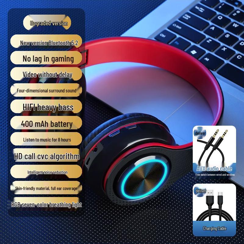 2025 Luminous Bluetooth Over-Ear Headphones with Heavy Bass and Large Earcups for Boys