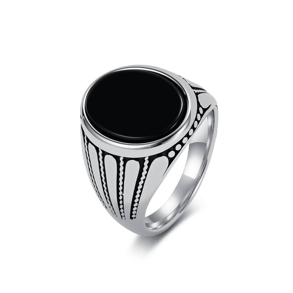 Trendy Retro Black Gemstone Titanium Steel Ring Men s Niche High-end Cold Wind Ring Hand Jewelry 7#