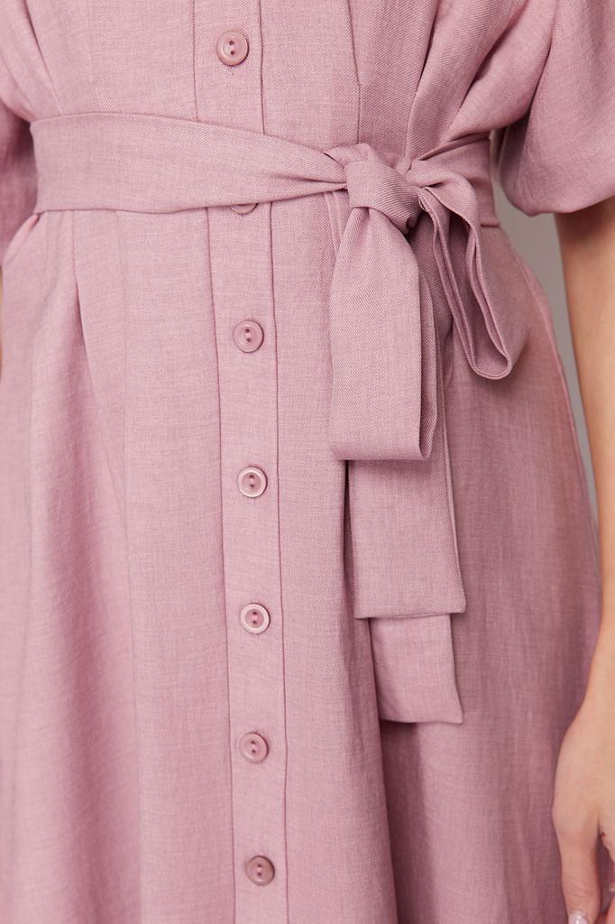 Women's Fashion Linen Look Woven Shirt Dress with Stone Belt and Half Balloon Sleeves