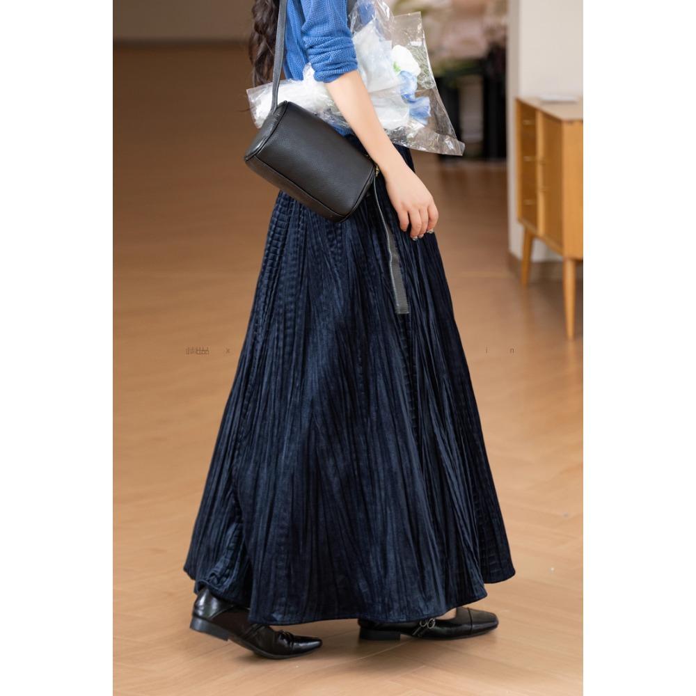 DIMANAF 2025 Autumn New Women Skirts Solid Plaid Loose Elastic Waist Pleated Elegant Long Skirts Red