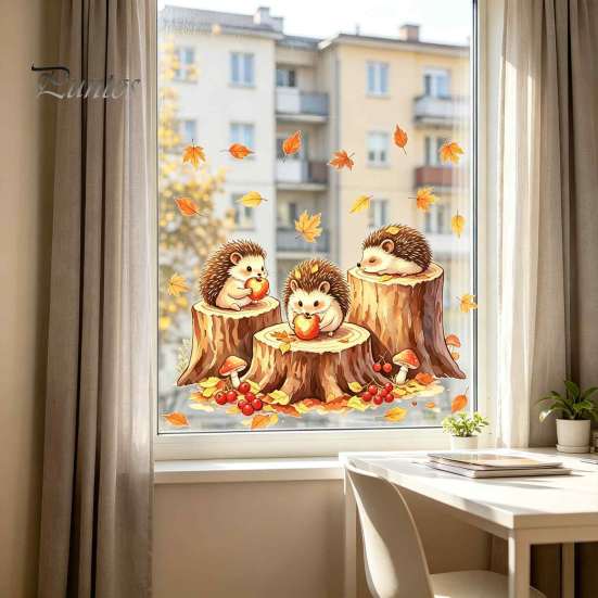 Fall Seasonal Home Decor Little Hedgehog Tree Stump Static Sticker, Watercolor Decorative Window Glass Stickers Decal, Reusable PVC Cling for