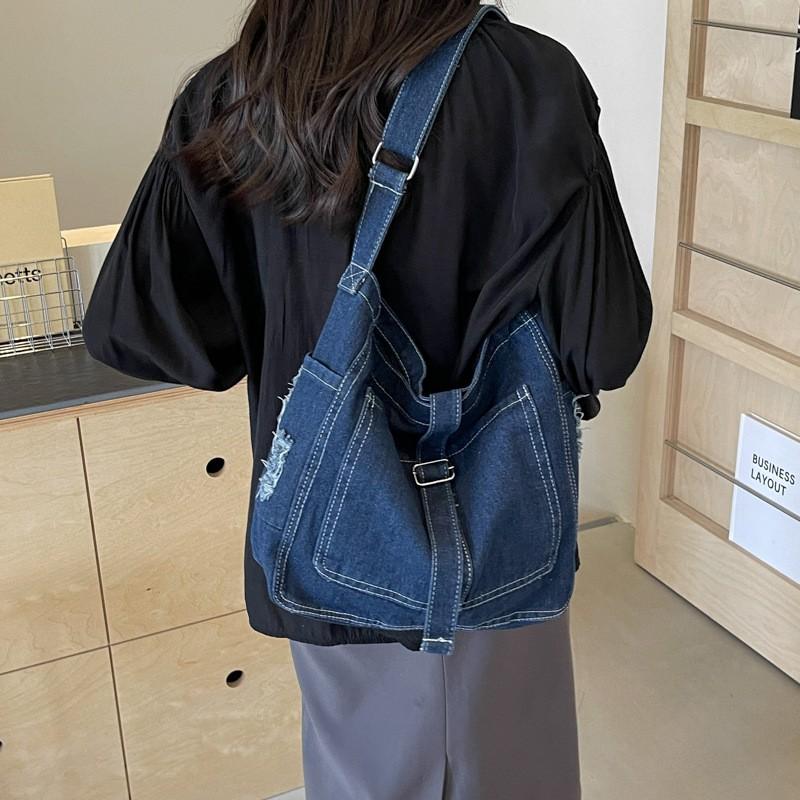 Large Capacity Denim Tote Bag Women Soft Structured Shoulder Crossbody Daily Commute Street Style