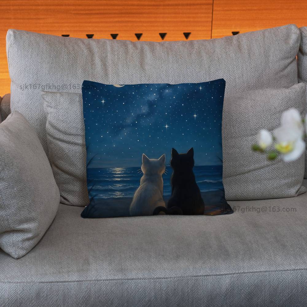 Star Heart MoonLight Cat Pillow Case Anti-dustmite Pillowcase Invisible Zipper Silky Short Plush Sofa Cushion Cover