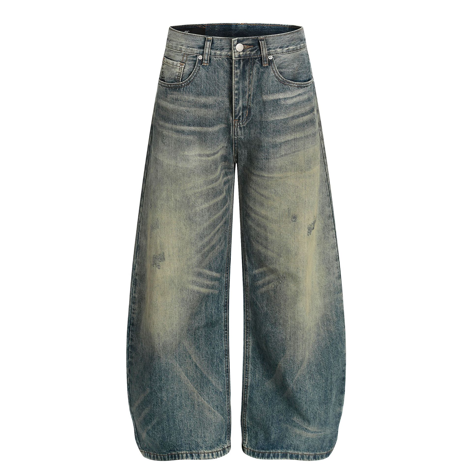 Men s autumn American retro washed jeans vibe scimitar wide leg trousers S