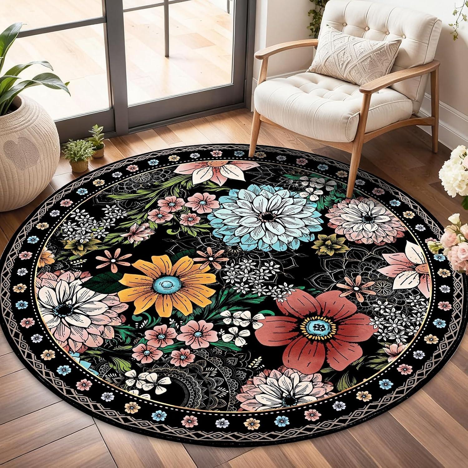 

Boho Floral Round Area Rug Colorful Vintage Flower Pattern Home Decor Mat Soft Non-Slip Circular Carpet for Living Room Bedroom 60cmx60cm