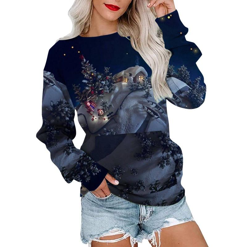 Autumn Winter Fashion Christmas Series Christmas Tree Elk Printed Pocket Round Neck Hoodie