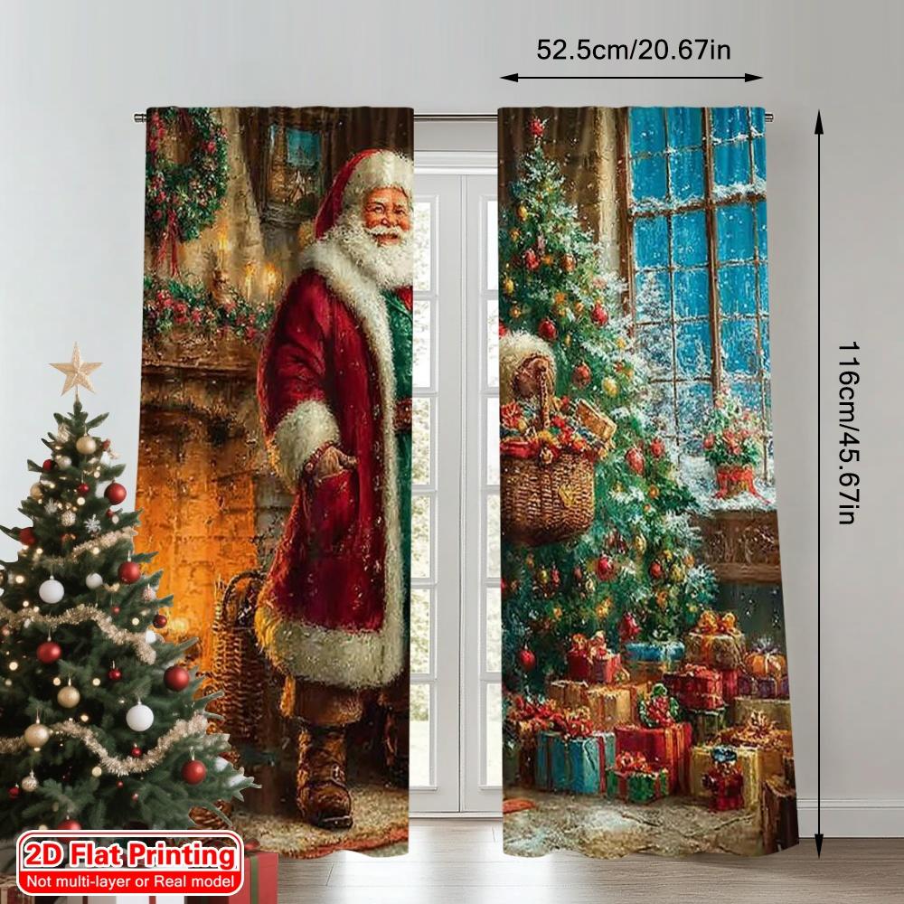 2pcs 2D Flat Printing Merry Christmas Curtains Christmas Joy Machine Washable Fabric Without Electricity Spring Party & Holiday