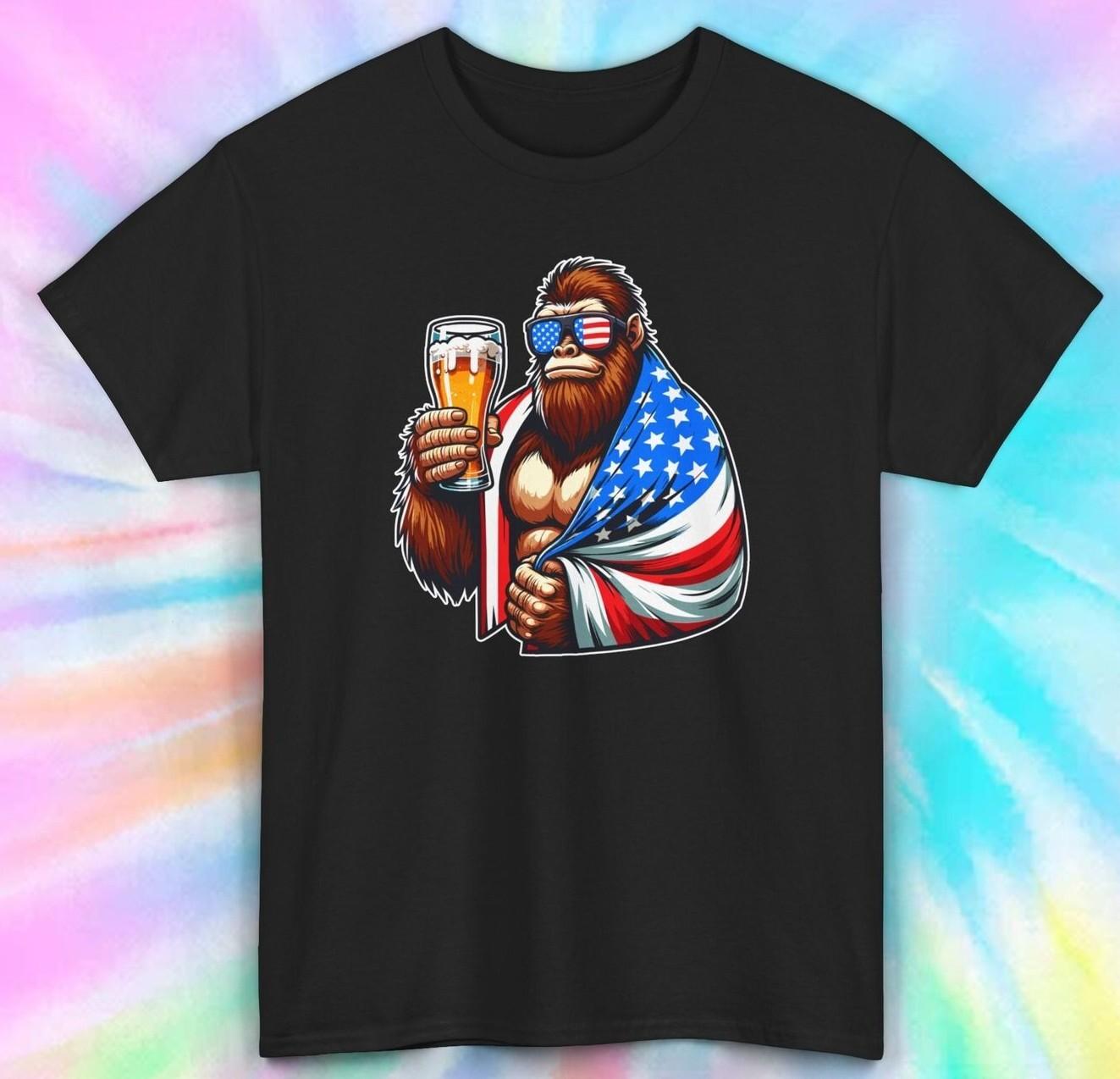 Patriotic Bigfoot Beer T-Shirt | American Flag Sasquatch Tee | Funny | S-5XL XXXL
