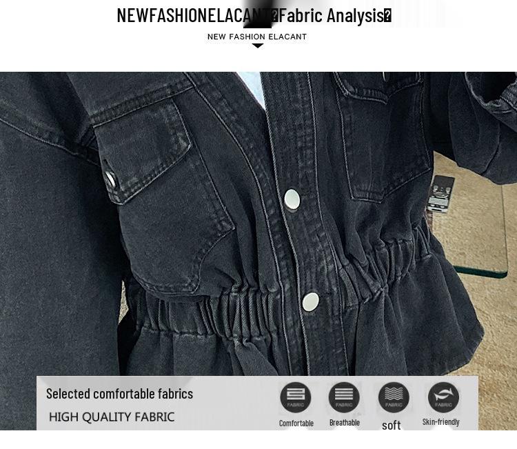 2024 Korean Style Black V-Neck Denim Jacket - Loose Fit, Two-Button, Short Length