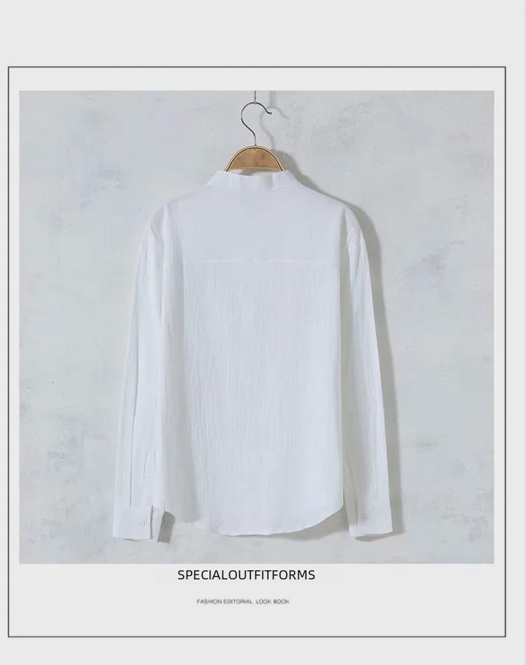 Men's Slim Fit Japanese Retro Linen-Cotton Shirt, Long Sleeve, Stand Collar, Casual All-Match Design.