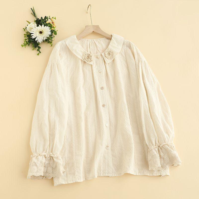 

Mori Women s Sweet Lady Flower Earring Accessories Lapel Beige Shirt Women s Ruffle Sleeve Embroidered Long Sleeves Tup Cardigan Fashion Beige One size