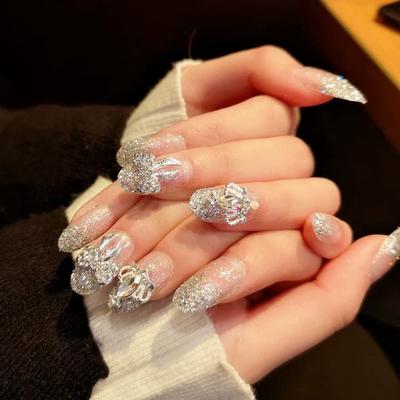 Secret Lives® Acrylic Press On Nails Designer Artifical Nails Extension Silver Glitter 3D Crown Bow 24 Pieces Set with Glue Sheet
