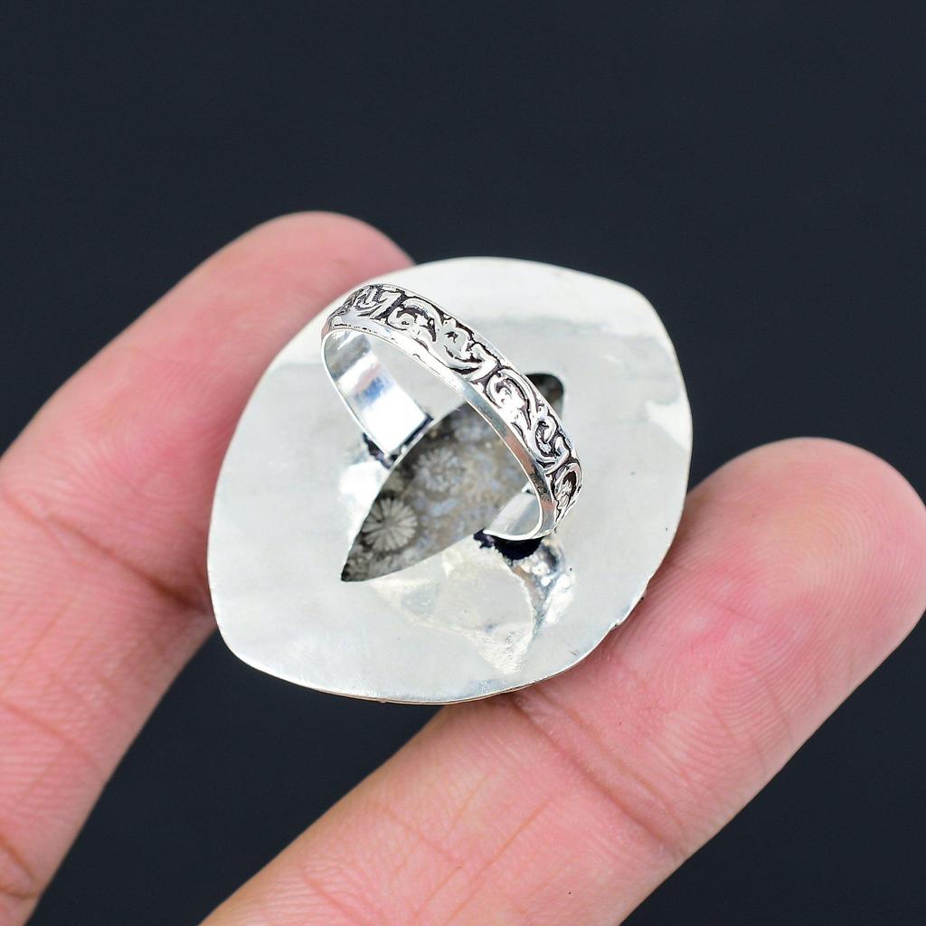 Fossil Coral Gemstone Sterling Silver Solitaire Engagement Ring Jewelry Size 7