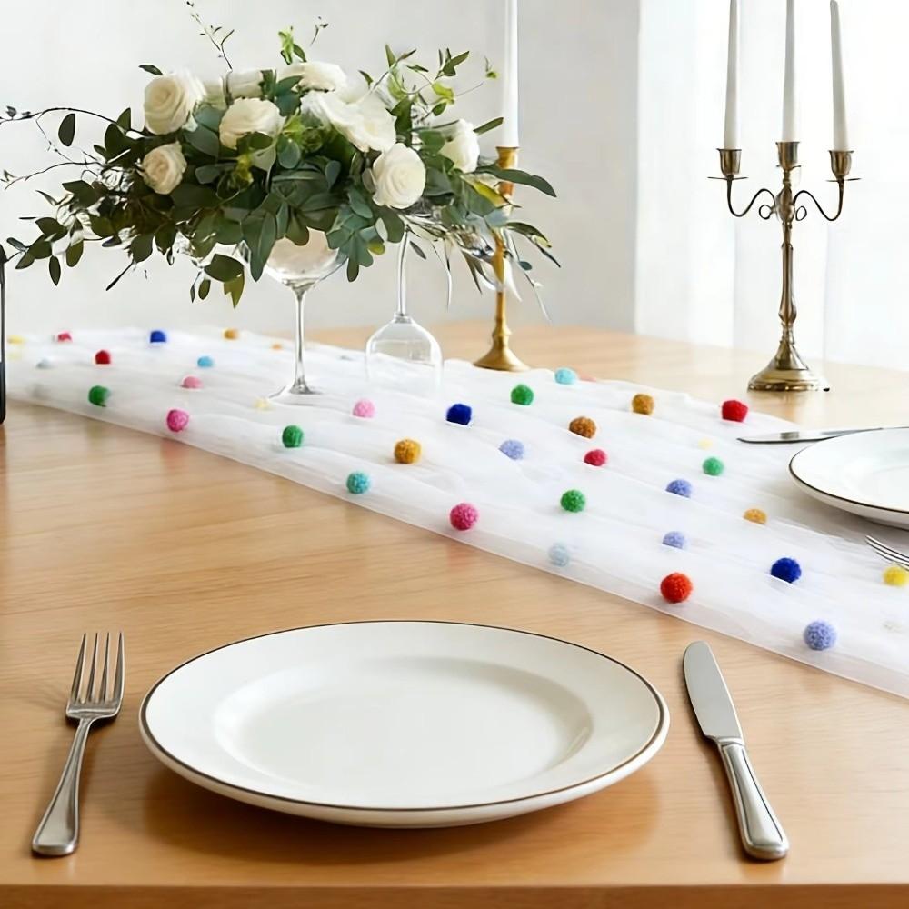 Handmade Tulle Table Runner Romantic Colorful Table Cover Pom-Poms Tablecloth  Birthday Party